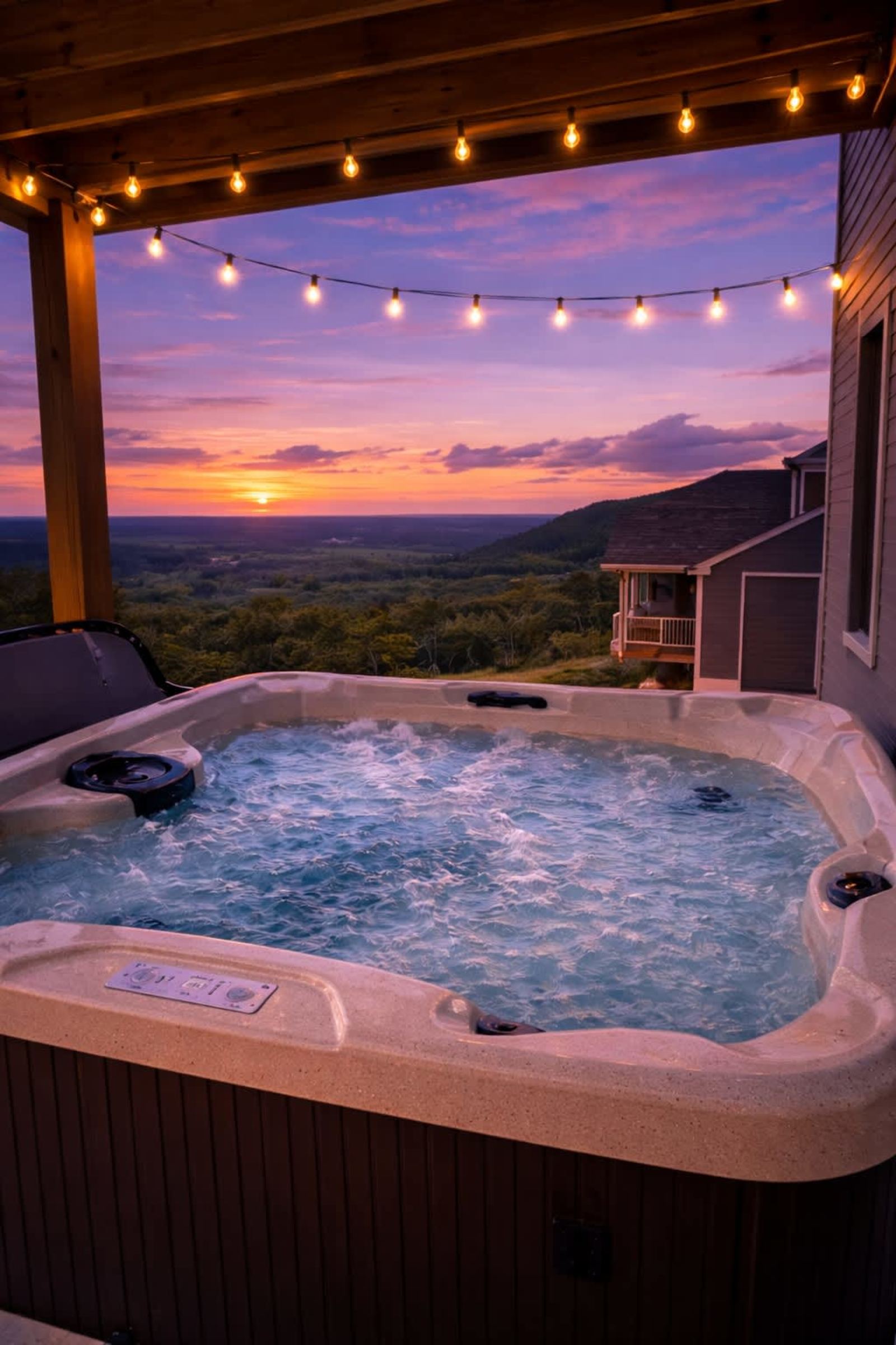 Private hot tub under string lights at sunset with a panoramic valley view